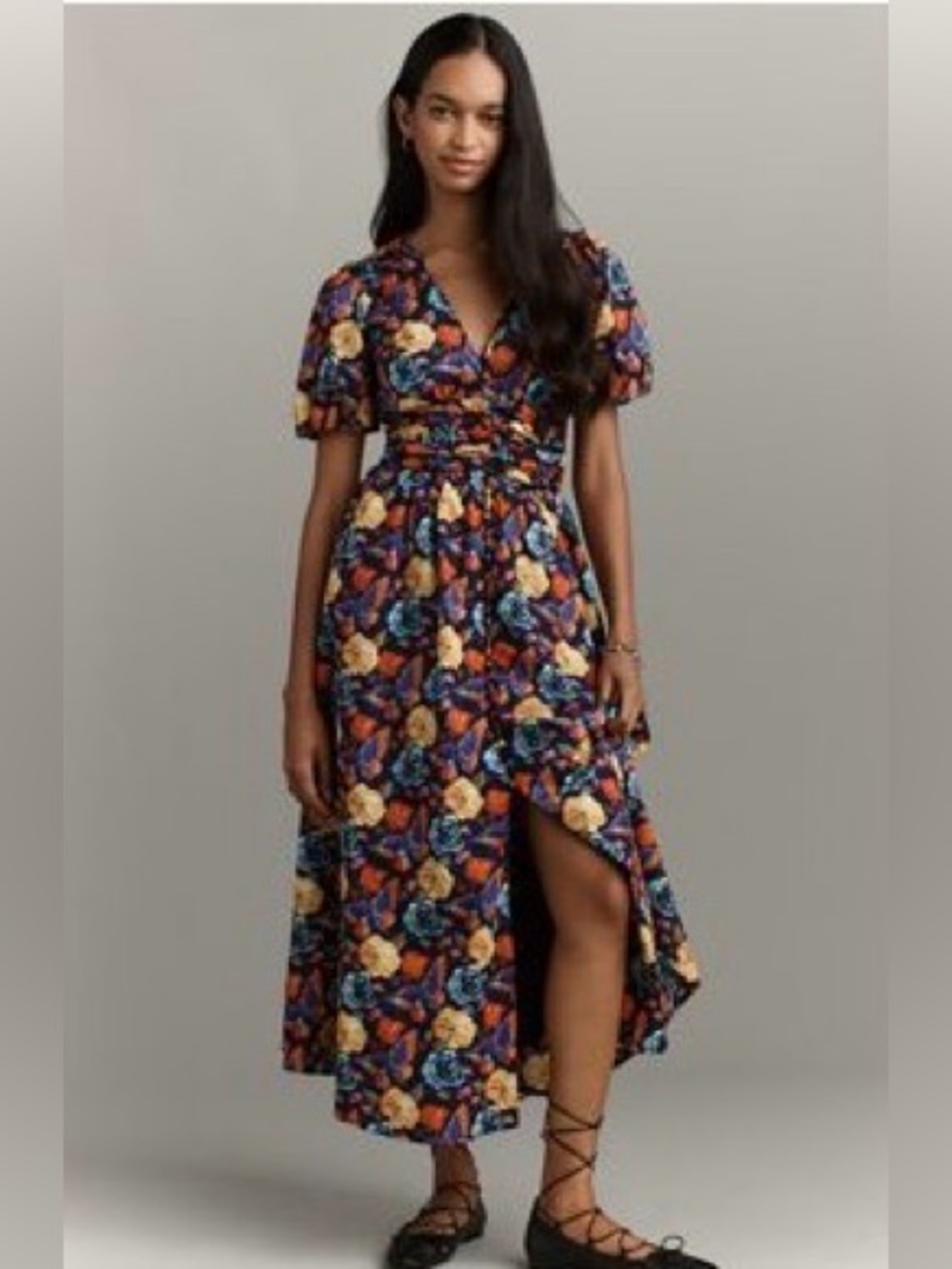 Anthropologie Katerina Button Front Navy Floral with Multicolor Roses - Picture 5 of 5